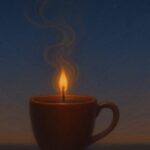 コーヒーから灯る火種と夜明け空を描いた詩的イメージ