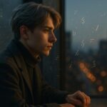 焦りと静けさのあいだで、自分を見つめ直す若い男性の横顔。都市の夕暮れに差す光が、彼の銀金髪を照らし、まだ諦めていない意志を映す。 A young man sits by a window at dusk, soft light tracing his silver-gold hair as he reflects in silence between pressure and hope.