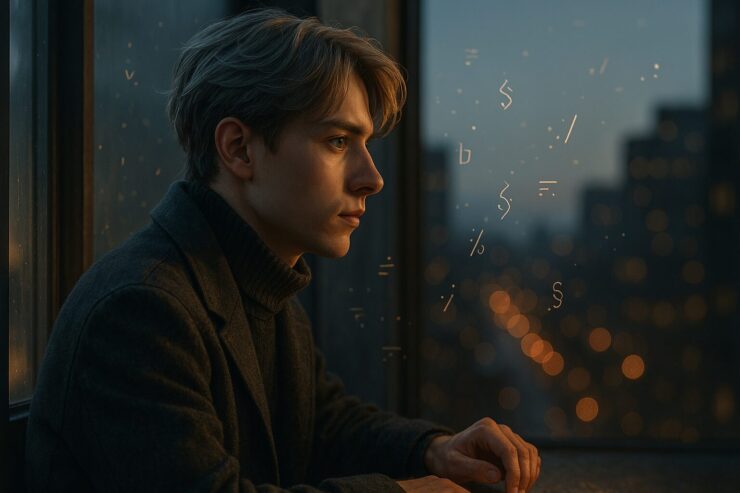 焦りと静けさのあいだで、自分を見つめ直す若い男性の横顔。都市の夕暮れに差す光が、彼の銀金髪を照らし、まだ諦めていない意志を映す。 A young man sits by a window at dusk, soft light tracing his silver-gold hair as he reflects in silence between pressure and hope.