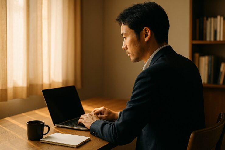 朝の光が差し込む部屋で、ノートパソコンに集中する30代の日本人男性。静かなワークスペースで、成長への意志と覚悟を感じさせる横顔。 A Japanese man in his 30s focuses on his laptop in a calm morning-lit workspace, conveying a quiet determination to grow and evolve.