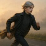 若い男性が曇り空の下をランニングしている後ろ姿。静かな川辺の道を一定のリズムで進み、朝の冷たい空気が頬をかすめていくような雰囲気 A young man jogging along a quiet riverside path under a cloudy sky. His steady pace and the cool morning air create a calm, focused atmosphere.