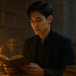 落ち着いた書斎で大量の本を読み込みながら構造を組み立てる若い男性の学習シーン。思考の整理と知的探求を象徴するイメージです。 A young man immersed in reading many books in a quiet study. The scene represents learning, deep thinking, and intellectual exploration.