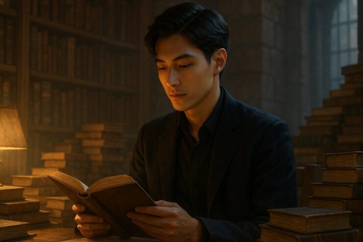 落ち着いた書斎で大量の本を読み込みながら構造を組み立てる若い男性の学習シーン。思考の整理と知的探求を象徴するイメージです。 A young man immersed in reading many books in a quiet study. The scene represents learning, deep thinking, and intellectual exploration.