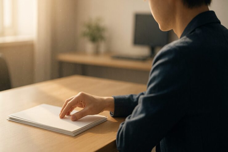 気配りをテーマにデスクで静かに思考する人物。書類とペンが整えられ、横から差す光が指先に柔らかく触れる。小さな配慮が積み重なる空気感を写した構図。 A person sits at a tidy desk, soft side light touching their hands as they reflect on subtle acts of consideration. The scene captures calm order and thoughtful presence.