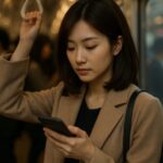 電車内の混雑の中でスマホを見つめる女性の横顔が柔らかい光に照らされる構図。肩に落ちる影と静かな集中が印象的。 A young woman in a crowded train looks at her phone as soft light touches her cheek and shoulder, holding a quiet sense of focus amid the motion around her.