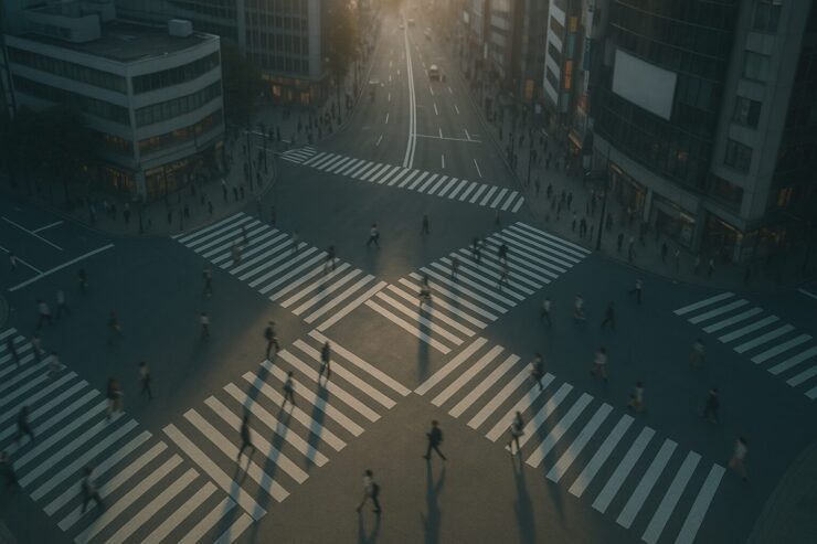 俯瞰から見下ろした夜のスクランブル交差点。人々の流れが交差し、他責思考にとらわれた心が少し冷めていくような静かな俯瞰の風景。 A high-angle view of a busy scramble crossing at night, capturing the quiet moment where the flow of people contrasts with the feeling of stepping back from blame-based thinking.