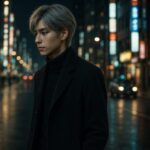 夜の銀座を静かに歩く青年。ネオンが控えめに反射する街並みの中で、前を見据えながら思索に沈む姿。お金がなくてもできる自己投資をテーマにした記事のアイキャッチ。