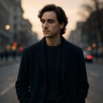 街で立ち止まり、周囲を静かに観察している若い男性。表情は穏やかで、考えを巡らせている様子。 A young man standing still in a city at night, quietly observing his surroundings with a calm and thoughtful expression.