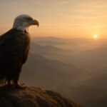 地平線を見下ろす高所の岩場に佇むワシ。広大な大地と空を背景に、俯瞰する視点と静かな威厳を感じさせる構図。 An eagle standing on a high rocky ledge, gazing down over the horizon, with vast land and sky stretching beneath it, conveying a sense of perspective and quiet authority.