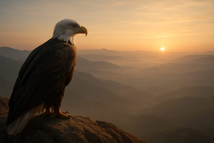 地平線を見下ろす高所の岩場に佇むワシ。広大な大地と空を背景に、俯瞰する視点と静かな威厳を感じさせる構図。 An eagle standing on a high rocky ledge, gazing down over the horizon, with vast land and sky stretching beneath it, conveying a sense of perspective and quiet authority.