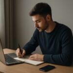 作業を始める直前、机に向かって準備を整える若い男性。ビジュアライゼーションを行動の具体化として捉える静かな瞬間。 A young man sitting at a desk, preparing to start work. A calm moment representing visualization as concrete action planning.