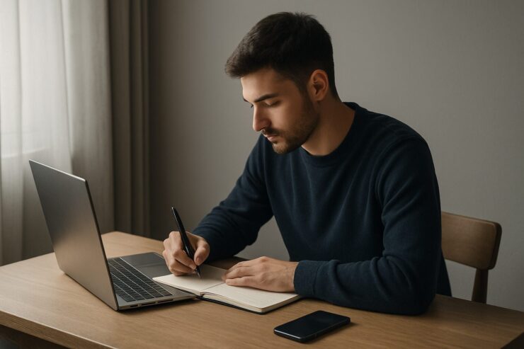 作業を始める直前、机に向かって準備を整える若い男性。ビジュアライゼーションを行動の具体化として捉える静かな瞬間。 A young man sitting at a desk, preparing to start work. A calm moment representing visualization as concrete action planning.