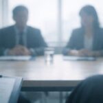 就活生の視界から見た面接シーン。静かな会議室で面接官と向き合う瞬間を捉えた横長ビジュアル。緊張と期待が入り混じる、就職活動の重要な局面を象徴するイメージ。 A wide horizontal image capturing a job interview scene from the job seeker’s point of view, facing interviewers in a quiet meeting room, symbolizing tension, anticipation, and a decisive moment in the job hunting process.