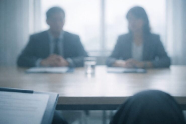 就活生の視界から見た面接シーン。静かな会議室で面接官と向き合う瞬間を捉えた横長ビジュアル。緊張と期待が入り混じる、就職活動の重要な局面を象徴するイメージ。 A wide horizontal image capturing a job interview scene from the job seeker’s point of view, facing interviewers in a quiet meeting room, symbolizing tension, anticipation, and a decisive moment in the job hunting process.