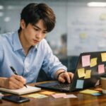 20代前半の若手ビジネスパーソンがオフィスのデスクで奮闘し、ノートPCを操作しながら手帳にメモを取っている（付箋や書類、コーヒーが置かれた作業環境）。 / A young professional in their early 20s works intensely at an office desk, typing on a laptop while taking notes in a notebook, surrounded by sticky notes, documents, and a coffee cup.