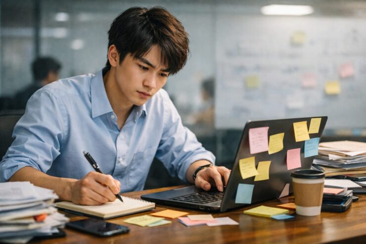20代前半の若手ビジネスパーソンがオフィスのデスクで奮闘し、ノートPCを操作しながら手帳にメモを取っている（付箋や書類、コーヒーが置かれた作業環境）。 / A young professional in their early 20s works intensely at an office desk, typing on a laptop while taking notes in a notebook, surrounded by sticky notes, documents, and a coffee cup.