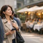 ビジネス街の昼、激安ランチの行列に並ぶ40代女性。スマホを手にしながら、遠くのテラス席がある高級ランチ店をぼんやり眺めて思案している。 / In a business district at lunchtime, a woman in her 40s stands in a budget lunch line holding a smartphone, gazing thoughtfully toward an upscale terrace restaurant in the distance.