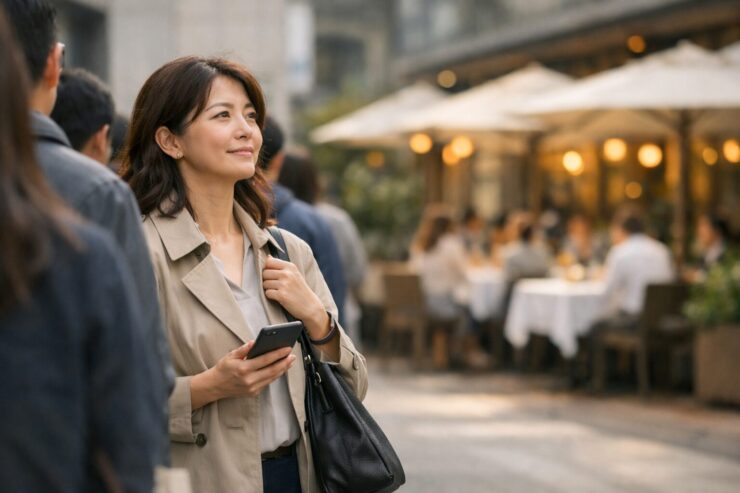 ビジネス街の昼、激安ランチの行列に並ぶ40代女性。スマホを手にしながら、遠くのテラス席がある高級ランチ店をぼんやり眺めて思案している。 / In a business district at lunchtime, a woman in her 40s stands in a budget lunch line holding a smartphone, gazing thoughtfully toward an upscale terrace restaurant in the distance.