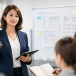 朝のオフィスで朝礼を行う30代の女性リーダー。タブレットを持ち、手でジェスチャーしながら部下に要点を説明している。背景にホワイトボードのメモや付箋がぼけて映る。 / A professional woman in her 30s leads a morning briefing in a modern office, holding a tablet and gesturing as she explains key points to her team, with a blurred whiteboard covered in notes behind her.