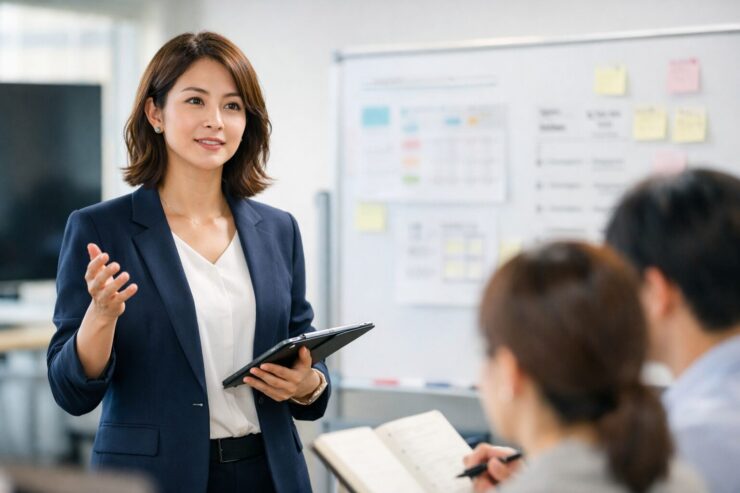 朝のオフィスで朝礼を行う30代の女性リーダー。タブレットを持ち、手でジェスチャーしながら部下に要点を説明している。背景にホワイトボードのメモや付箋がぼけて映る。 / A professional woman in her 30s leads a morning briefing in a modern office, holding a tablet and gesturing as she explains key points to her team, with a blurred whiteboard covered in notes behind her.