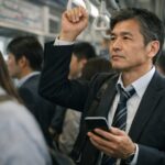 通勤ラッシュの満員電車で吊り革を握り、スマホを見つめながらキャリア設計を思案する50代のビジネスマン。周囲の乗客はぼけて映り、車内の現実感が伝わる。 / A businessman in his 50s rides a crowded rush-hour train, gripping a hand strap and looking at his smartphone with a thoughtful, career-planning expression, while other commuters blur in the background.