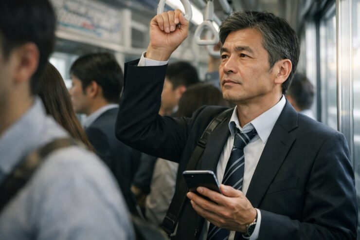通勤ラッシュの満員電車で吊り革を握り、スマホを見つめながらキャリア設計を思案する50代のビジネスマン。周囲の乗客はぼけて映り、車内の現実感が伝わる。 / A businessman in his 50s rides a crowded rush-hour train, gripping a hand strap and looking at his smartphone with a thoughtful, career-planning expression, while other commuters blur in the background.