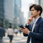 出先のオフィス街で思案する20代後半のビジネスパーソン。スーツ姿でスマホを手にし、顎に手を当てて遠くを見つめる。背景は高層ビルと行き交う人々がぼけている。 / A late-20s professional stands in a busy office district, holding a smartphone and resting a hand on their chin while gazing into the distance, with blurred skyscrapers and passersby in the background.