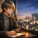 コンフォートゾーンから一歩踏み出すことを考えながら、夜の都市を見つめつつノートにペンを置く若い男性の横顔のイラスト｜semi realistic illustration of a young man sitting at a twilight city window, resting a pen on his notebook and gazing outside as he reflects on stepping out of his comfort zone