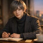 夕暮れの書斎で机に向かう若い男性。ダークグレーのタートルとコートを着て、ノートにペンを走らせる。湯気の立つコーヒーと窓外の街灯が柔らかくぼける。 A young man at a desk in a dusk study, wearing a dark turtleneck and coat, writing in a notebook with a pen. A steaming coffee cup sits nearby, with soft city lights blurred through the window.