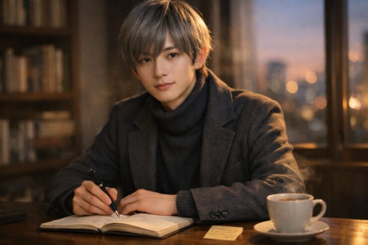夕暮れの書斎で机に向かう若い男性。ダークグレーのタートルとコートを着て、ノートにペンを走らせる。湯気の立つコーヒーと窓外の街灯が柔らかくぼける。 A young man at a desk in a dusk study, wearing a dark turtleneck and coat, writing in a notebook with a pen. A steaming coffee cup sits nearby, with soft city lights blurred through the window.