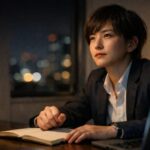 夜のオフィスでノートPCの光に照らされながら机に向かい、スマホを握ったまま静かに前を見つめる日本人ビジネスパーソン。残業続きの疲れと迷いの中で、自分の時間とキャリアを取り戻そうと決意する瞬間を切り取った横長ポートレートです。 A Japanese office worker sits at a desk late at night, lit by the laptop screen, holding a smartphone and looking forward with quiet determination, captured in a wide horizontal portrait as he decides to reclaim his time and career.