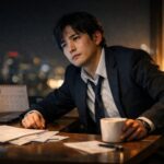 深夜のオフィスで、ノートPCと書類が散らかった机に肘をつきながら、マグカップを握って遠くを見つめる日本人男性会社員の横長ポートレート。疲れ切った表情の奥に、年末の働き方を見直そうとする静かな決意がにじんでいる。 A wide horizontal portrait of a Japanese male office worker in a suit, leaning over a cluttered desk at night with a laptop, papers and a coffee mug, his tired face lit by a warm desk lamp as city lights blur behind him and a quiet resolve begins to form in his eyes.