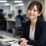 オフィスのデスクに座った日本人女性会社員の横長ポートレート。白いブラウスと紺色のジャケットを着てカメラのほうに向かって座り、書類とノートPCが置かれたデスクに腕を組むように軽く添えている。口元は笑っているものの、少し疲れたような目元が「場を壊さないための作り笑い」を感じさせ、背景ではスーツ姿の同僚たちがピントを外して映り、開放的なオフィスの空気と彼女だけが置かれた立場の違和感を伝えている。 A wide 16:9 portrait of a young Japanese female office worker sitting at her desk in a modern open-plan office, wearing a white blouse and navy blazer. She faces the camera with a polite, slightly forced smile, resting her hands near a laptop and documents on the desk. Her eyes look a bit tired, hinting at the strain of keeping up a friendly expression, while blurred colleagues in suits work in the background, emphasizing the everyday office setting and the subtle feeling of being taken lightly at work.