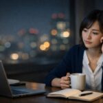 夜のオフィスでノートパソコンとノートを前に、マグカップを手に静かに考え込む20代日本人女性会社員。努力しても認められない現状に悩みながらも、まだ諦めていない穏やかな表情。 / A young Japanese office worker at her desk at night, holding a mug and looking thoughtfully at her laptop and notebook, quietly struggling with feeling that her hard work is not being recognized yet still not giving up.