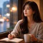 年末のカフェでノートに向かい、窓の雨粒と街の灯りを眺めながら静かに振り返る日本人女性の横長ポートレート。/ A horizontal portrait of a Japanese woman reflecting at a café, writing in a notebook while looking at raindrops and city lights through the window.