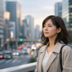 都会の高層ビルが立ち並ぶ街中で、少し歩みを止めて遠くを見る日本人女性の横長ポートレート。シンプルなコートを着て、カメラから視線を外し、落ち着いた表情で深呼吸するように立っている。夕方の自然光が街全体を柔らかく照らし、仕事から一歩距離を置き、気分を切り替える静かな瞬間が伝わる。 A wide 16:9 portrait of a Japanese woman standing in a modern cityscape with tall buildings around her. Wearing a simple neutral-toned coat, she looks slightly away from the camera with a calm, thoughtful expression. Soft late-afternoon light illuminates the city, conveying a quiet mental reset and a moment of stepping back from work.