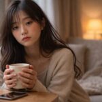 部屋の窓辺で、マグカップを両手で持ちながら静かに座る日本人女性。少し疲れた表情だが、柔らかな光に包まれた落ち着いた雰囲気の横長ポートレート。A Japanese woman sits quietly by a window holding a mug with both hands. She looks mentally tired yet gentle, wrapped in soft warm light, in a horizontal portrait.