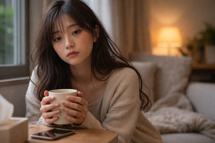 部屋の窓辺で、マグカップを両手で持ちながら静かに座る日本人女性。少し疲れた表情だが、柔らかな光に包まれた落ち着いた雰囲気の横長ポートレート。A Japanese woman sits quietly by a window holding a mug with both hands. She looks mentally tired yet gentle, wrapped in soft warm light, in a horizontal portrait.