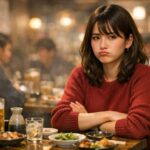 居酒屋の飲み会の席で、ワインレッドのニットを着た日本人女性が腕を組み、むくれた表情で前を見つめている。テーブルにはビールや小皿料理が並び、背景は賑わいがボケている。 / A Japanese woman in a wine-red knit sweater sits at an izakaya drinking party with her arms crossed, pouting while looking forward. Beer and small dishes are on the table, with a lively blurred background.