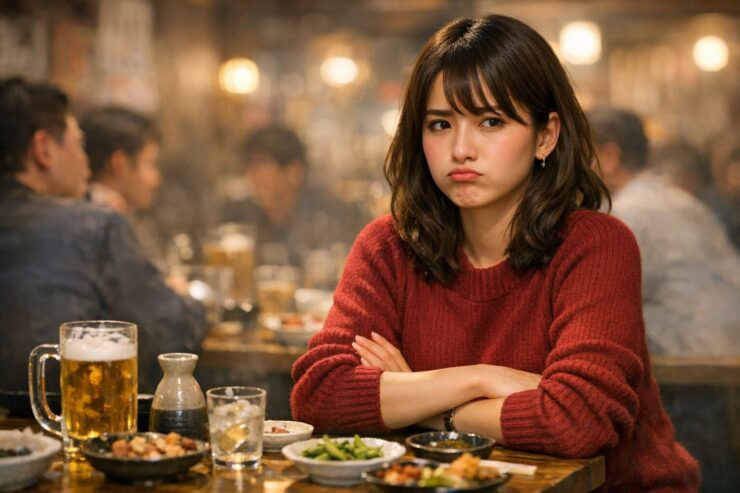 居酒屋の飲み会の席で、ワインレッドのニットを着た日本人女性が腕を組み、むくれた表情で前を見つめている。テーブルにはビールや小皿料理が並び、背景は賑わいがボケている。 / A Japanese woman in a wine-red knit sweater sits at an izakaya drinking party with her arms crossed, pouting while looking forward. Beer and small dishes are on the table, with a lively blurred background.