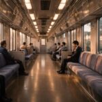 夕方の柔らかな光が差し込む、乗客がまばらな日本の通勤電車の車内。静かな空気と余白のある座席が印象的な横長風景写真。A Japanese commuter train interior with sparse passengers, bathed in soft late-afternoon light, creating a calm and reflective atmosphere in a horizontal landscape photo.