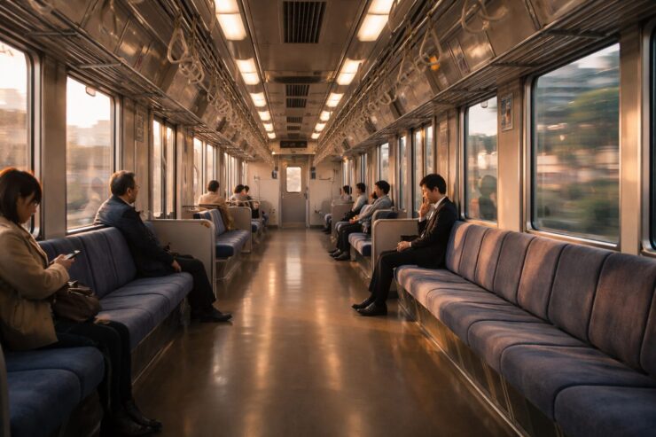 夕方の柔らかな光が差し込む、乗客がまばらな日本の通勤電車の車内。静かな空気と余白のある座席が印象的な横長風景写真。A Japanese commuter train interior with sparse passengers, bathed in soft late-afternoon light, creating a calm and reflective atmosphere in a horizontal landscape photo.