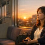 夕暮れの通勤電車で窓際の席に座り、スマートフォンを手に持ちながら沈む夕日と街並みを静かに見つめる20代日本人女性会社員。成長していない気がする一日の終わりに、帰り道で自分のこれからを考えているような表情。 / A young Japanese office worker sitting by the window on a commuter train at sunset, holding a smartphone in her hands and gazing thoughtfully at the orange sun and blurred cityscape outside, as if reflecting on her life and feeling stuck in her growth at the end of the day.