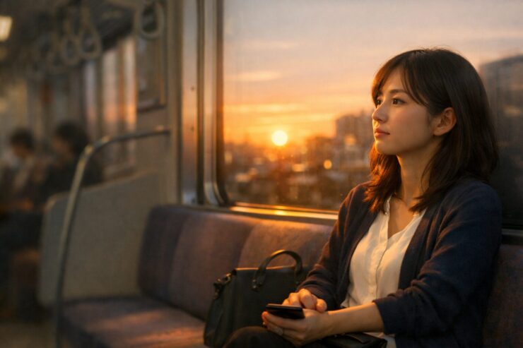 夕暮れの通勤電車で窓際の席に座り、スマートフォンを手に持ちながら沈む夕日と街並みを静かに見つめる20代日本人女性会社員。成長していない気がする一日の終わりに、帰り道で自分のこれからを考えているような表情。 / A young Japanese office worker sitting by the window on a commuter train at sunset, holding a smartphone in her hands and gazing thoughtfully at the orange sun and blurred cityscape outside, as if reflecting on her life and feeling stuck in her growth at the end of the day.