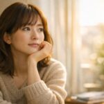 窓辺のやわらかな夕方の光に照らされ、机に肘をついて頬杖をしながら遠くを見つめる日本人女性。悩みを抱えつつも、どこか希望を捨てていない穏やかな表情が印象的。 / A Japanese woman by a window in warm evening light, resting her chin on her hand at a desk and gazing into the distance with a calm, reflective expression that still holds quiet hope.