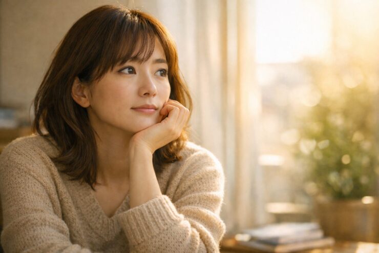 窓辺のやわらかな夕方の光に照らされ、机に肘をついて頬杖をしながら遠くを見つめる日本人女性。悩みを抱えつつも、どこか希望を捨てていない穏やかな表情が印象的。 / A Japanese woman by a window in warm evening light, resting her chin on her hand at a desk and gazing into the distance with a calm, reflective expression that still holds quiet hope.