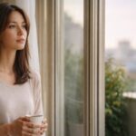 窓辺に立ち、静かに外を見つめる女性。自分の人生を生きていないと感じ、立ち止まって考える時間を表している。 A woman standing quietly by a window, gazing outside in reflection, symbolizing the feeling of not living her own life and the moment of pausing to reconnect with herself.