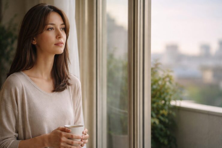 窓辺に立ち、静かに外を見つめる女性。自分の人生を生きていないと感じ、立ち止まって考える時間を表している。 A woman standing quietly by a window, gazing outside in reflection, symbolizing the feeling of not living her own life and the moment of pausing to reconnect with herself.