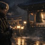 除夜の鐘が響く夜の神社で、ダークコート姿の若い男性が鐘楼を静かに見つめる横長ポートレート。提灯の灯りと雪、冷気に白い息がにじむ。 Wide landscape portrait of a young man at a Japanese shrine on New Year’s Eve, quietly watching the bell tower during Joya no Kane. Warm lantern light, falling snow, and visible breath in the cold night air.