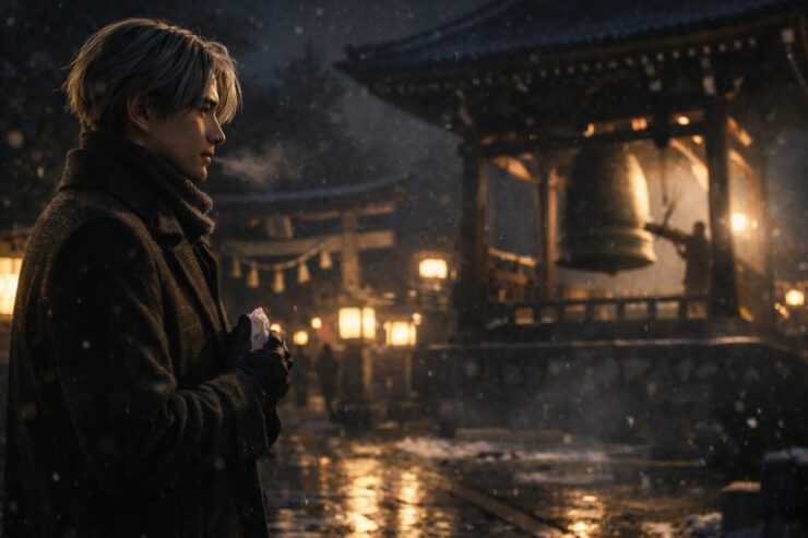 除夜の鐘が響く夜の神社で、ダークコート姿の若い男性が鐘楼を静かに見つめる横長ポートレート。提灯の灯りと雪、冷気に白い息がにじむ。 Wide landscape portrait of a young man at a Japanese shrine on New Year’s Eve, quietly watching the bell tower during Joya no Kane. Warm lantern light, falling snow, and visible breath in the cold night air.